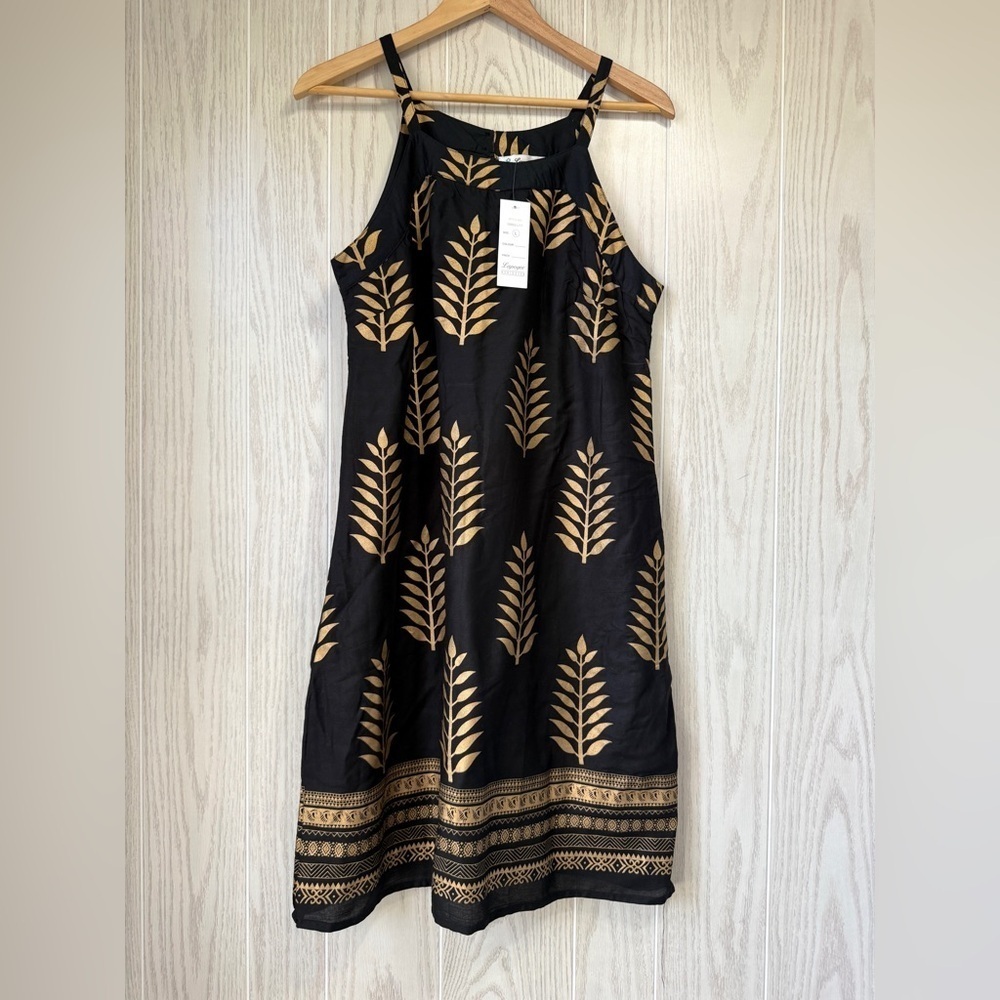 Lapogee Gold Leaf Dress Size Large Spaghetti Strap Sundress Tropical Black Lined - Picture 3 of 3